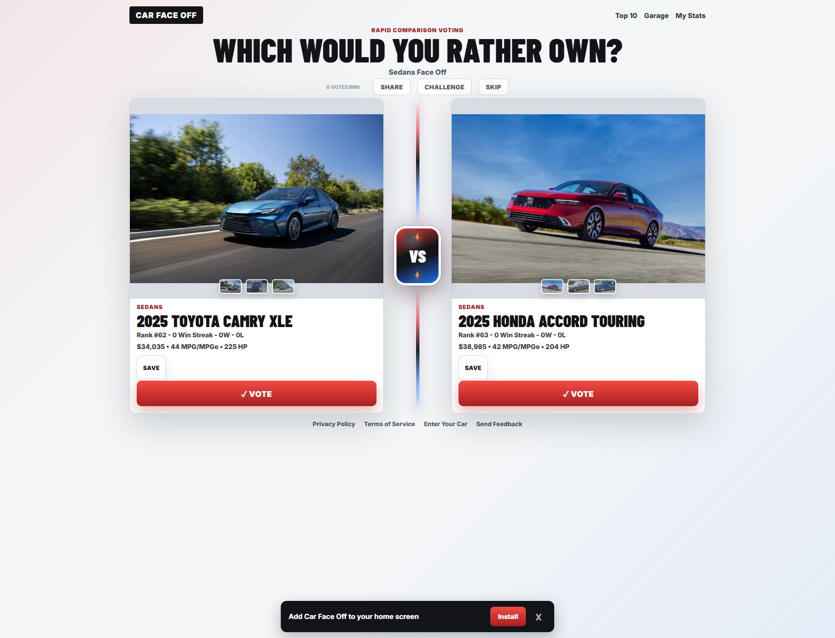 Car Face Off live interface with Toyota Camry and Honda Accord comparison, vehicle images, rankings, and voting controls