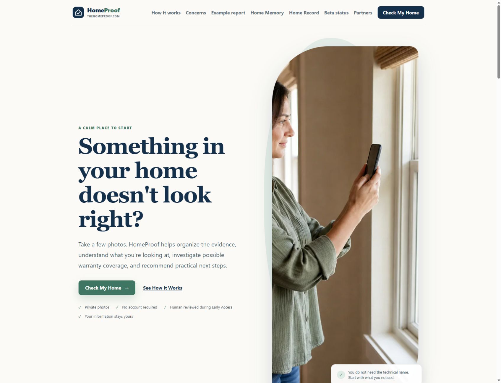 HomeProof public website introducing its homeowner evidence and review service