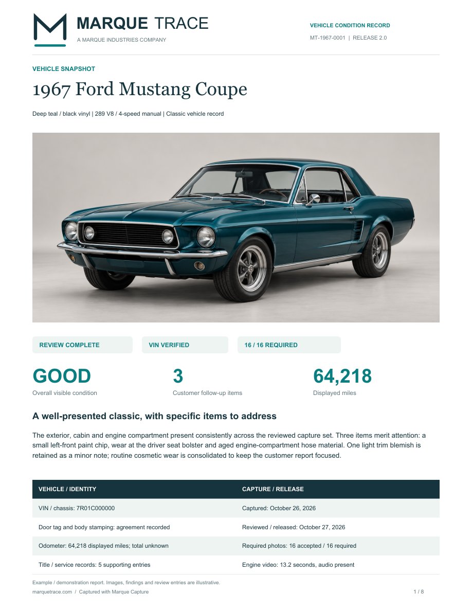 MARQUE TRACE 1967 Mustang sample report: vehicle photograph, condition summary, reviewed evidence, and vehicle record