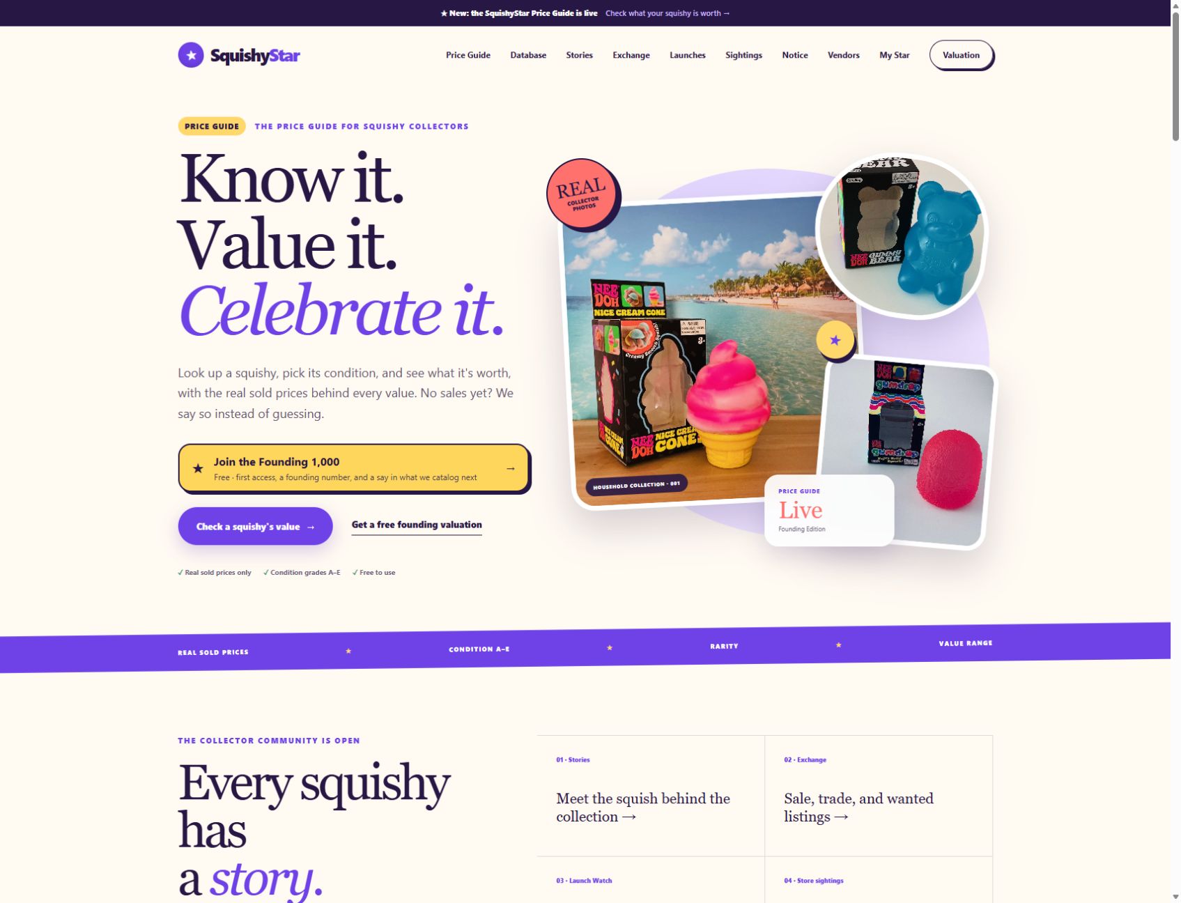 SquishyStar homepage with its colorful collector photography and Know it. Value it. Celebrate it. introduction